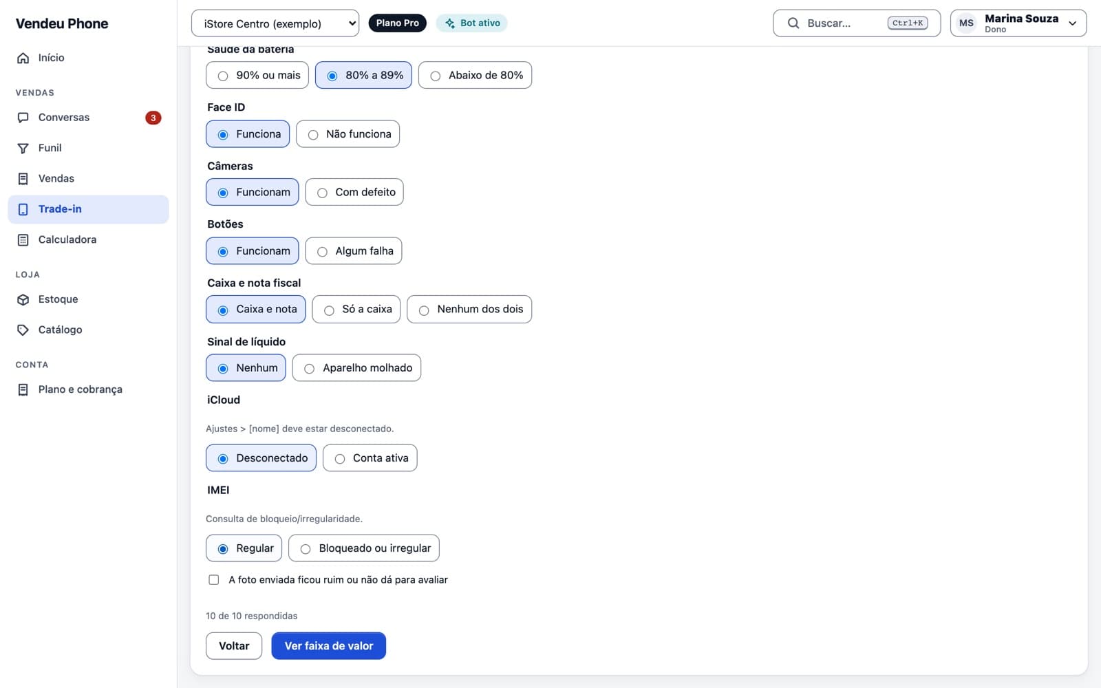 Tela Checklist da troca do sistema, dados de exemplo