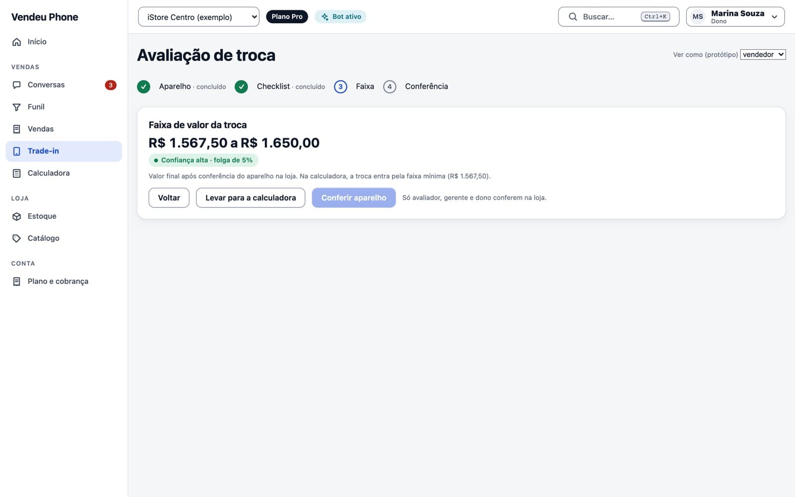 Tela Troca do sistema, dados de exemplo